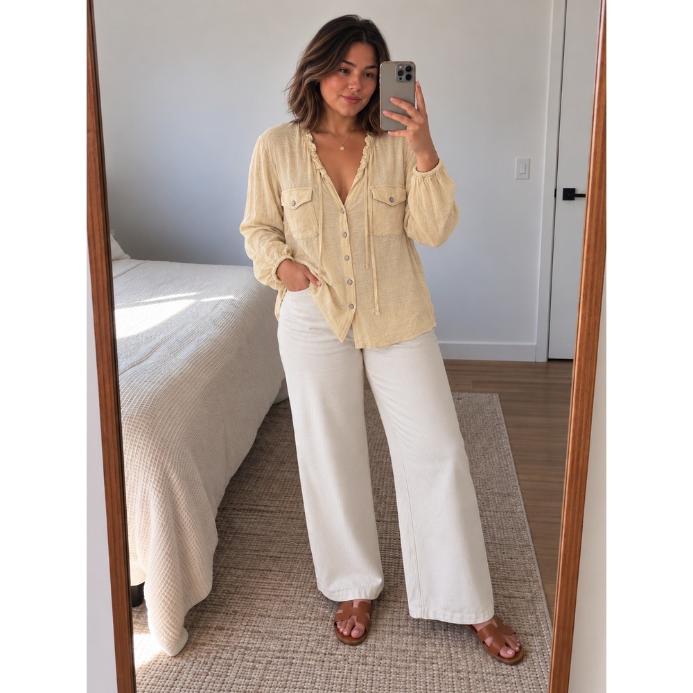 Democracy Womens Top 1X Butter Yellow Ruffle Button Up Long Sleeve Boho Peasant